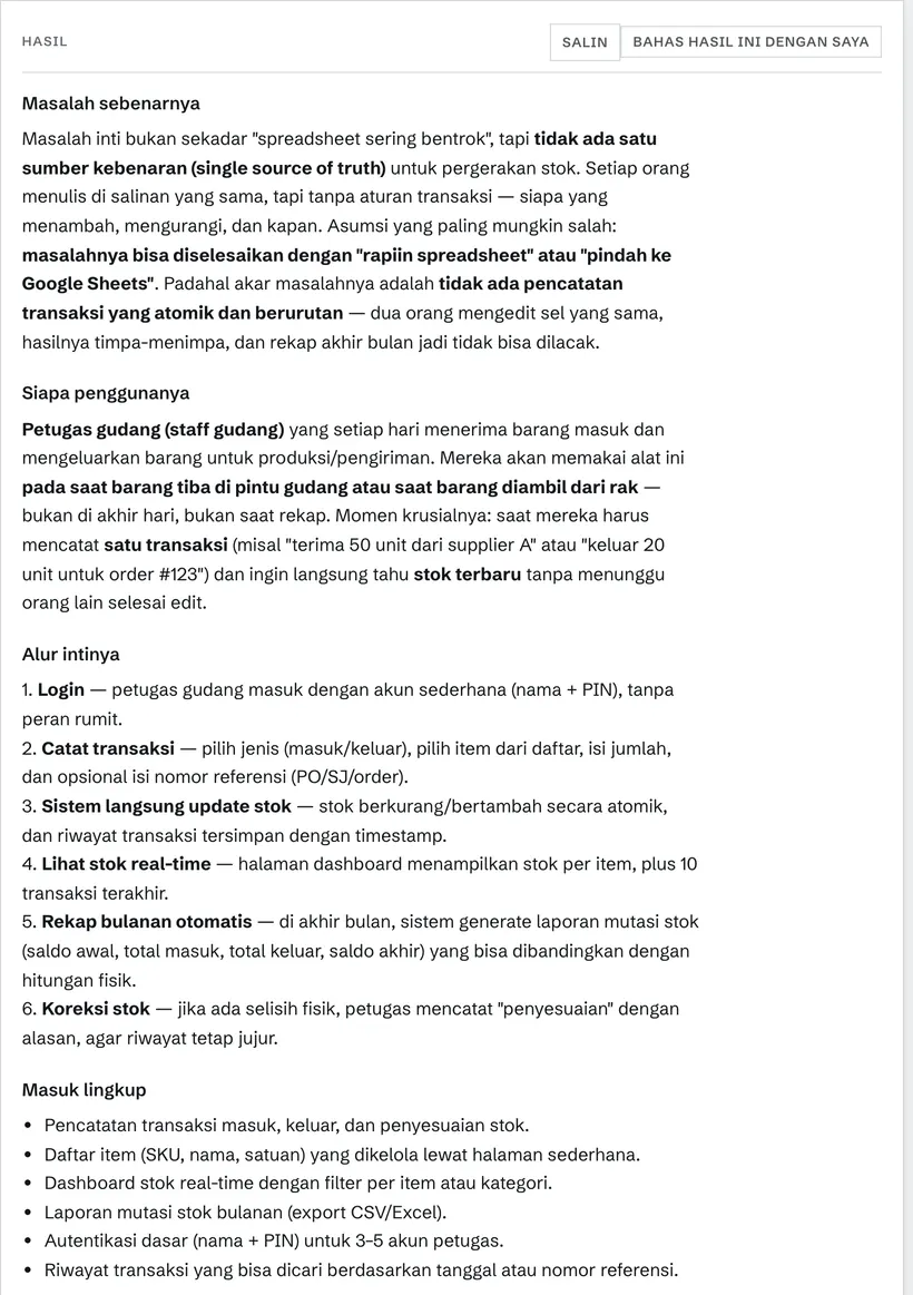 Contoh hasil sungguhan: masalah stok gudang di spreadsheet, dijawab dengan rancangan versi pertama. Ini bagian awalnya; jawaban penuhnya dua kali lebih panjang.