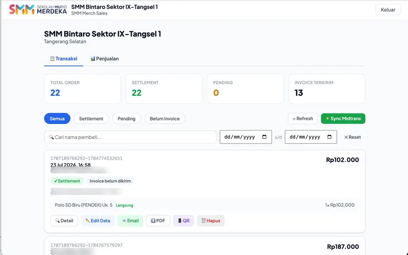 Satu hub, satu pesanan: status settlement, invoice, dan tombol kirim PDF atau QR