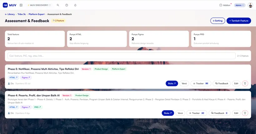 Dibuka satu project — versinya, PIC-nya, dan apa yang sudah ada