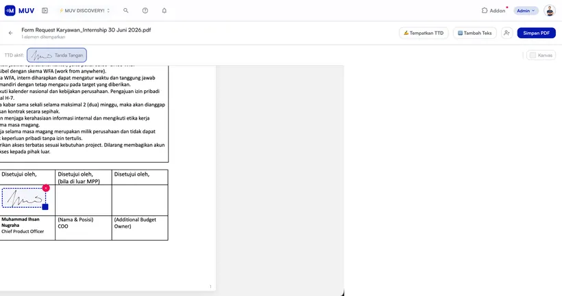 The signature placed in the right box, then saved as a new PDF