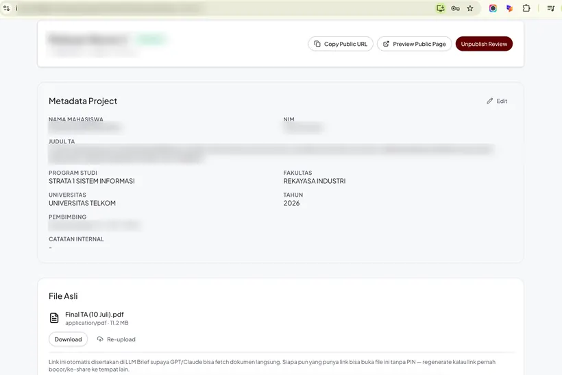 Satu berkas masuk: metadata, PDF aslinya, dan tautan yang bisa dibaca AI langsung